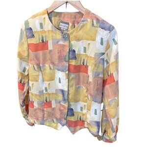 Vintage 90s Y2K Bora Bora Colorful Artistic Long Sleeve Blouse Sz S